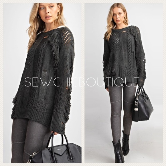 Charcoal Distressed Long Sleeve Sweater - Picture 4 of 5